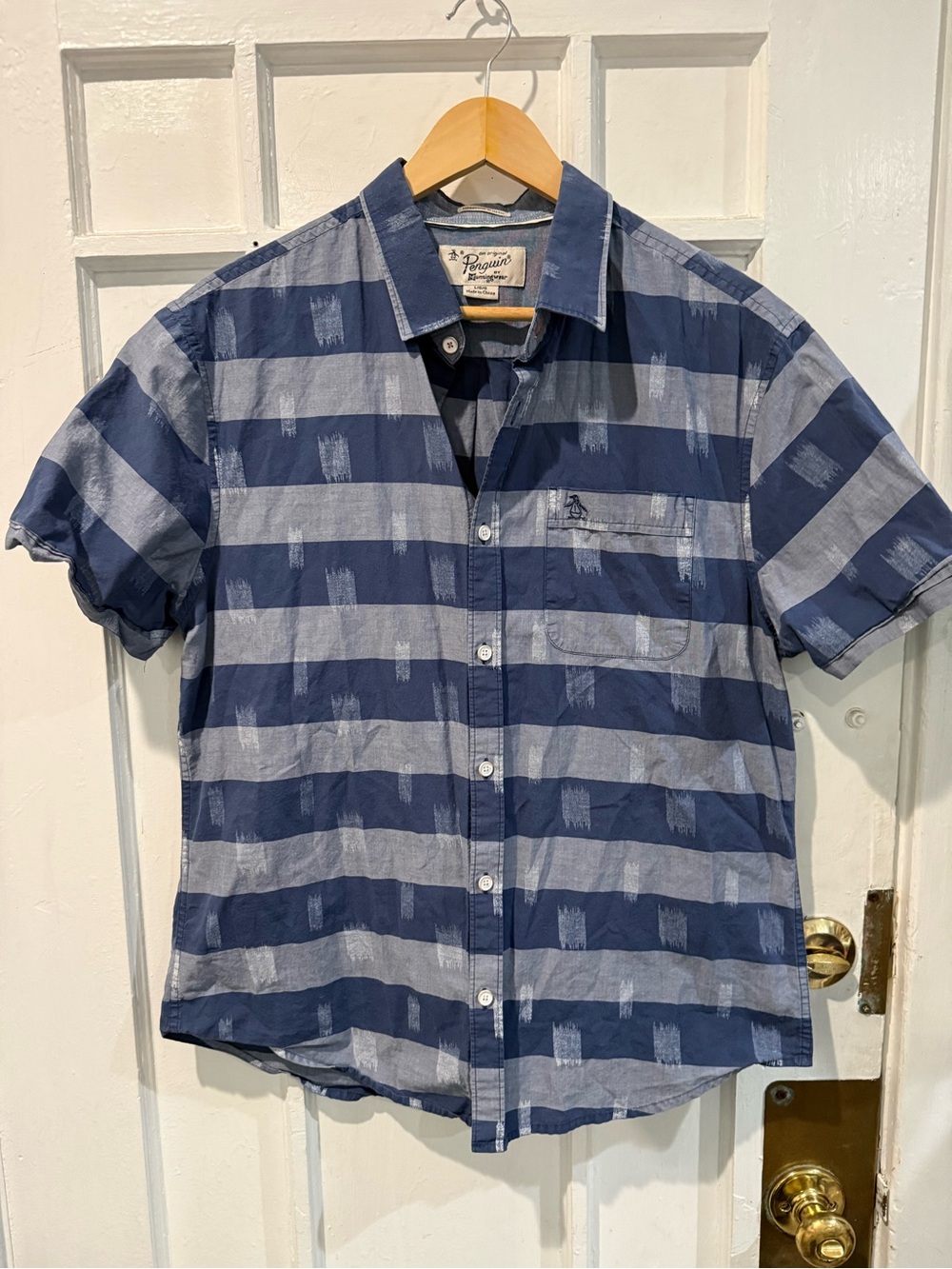 Original Penguin Navy and Light Blue Striped Short Sleeve Button-Down Shirt